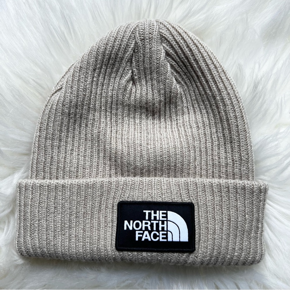The North Face Knit Hat OS Cuffed Beanie Logo Patch Almond Butter Rib Unisex